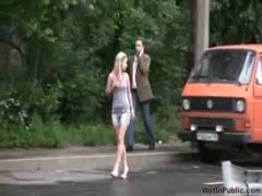 Wearing her saturated, voided pee panties, the adorable Russian playgirl traverses the streets.